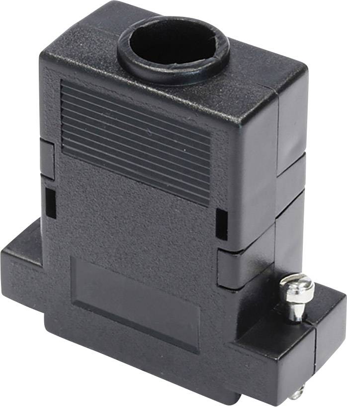 A black electric connector with a rectangular shape and a circular opening at the top. A screw is located on the side.