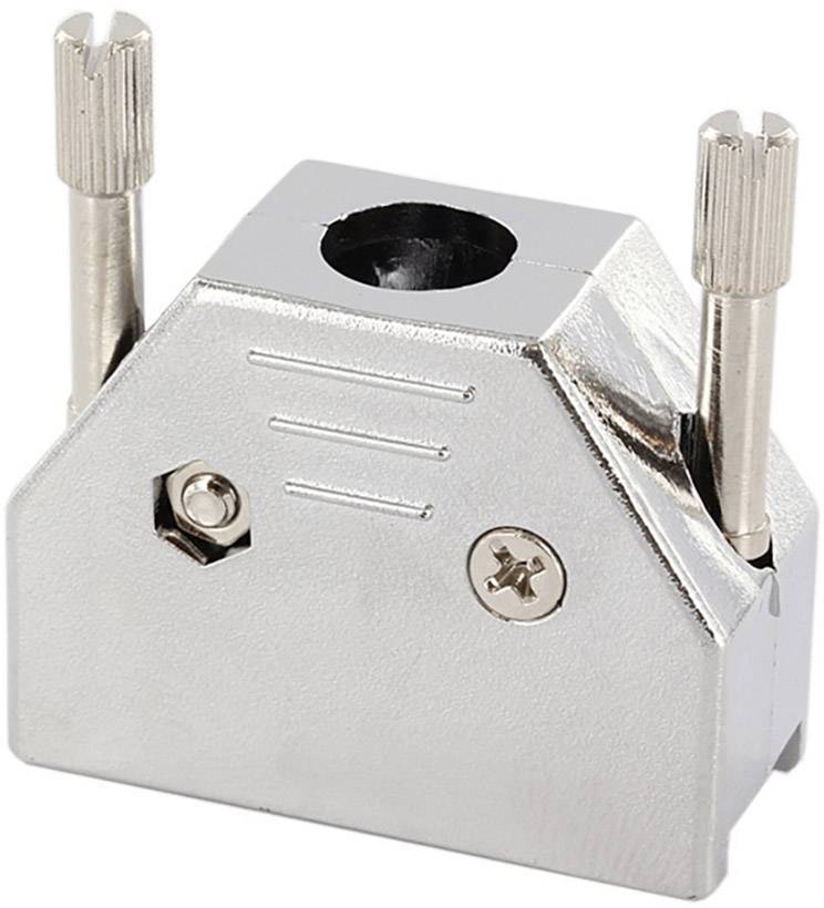Metal housing for D-sub connectors with screw fixing and cable entry, suitable for securing and shielding connections.