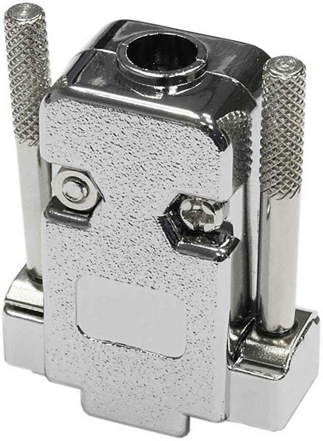 Chrome-coloured, rectangular metal enclosure with two side screws, used as a protective cover for connections.