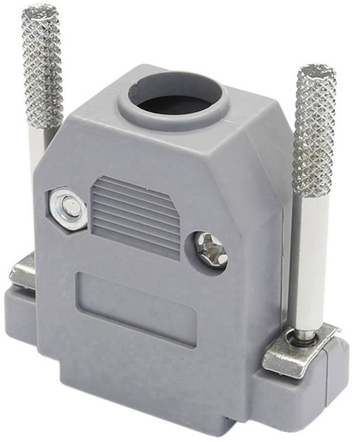 Grey, rectangular plastic housing with two silver screws, suitable for mounting electrical connectors.