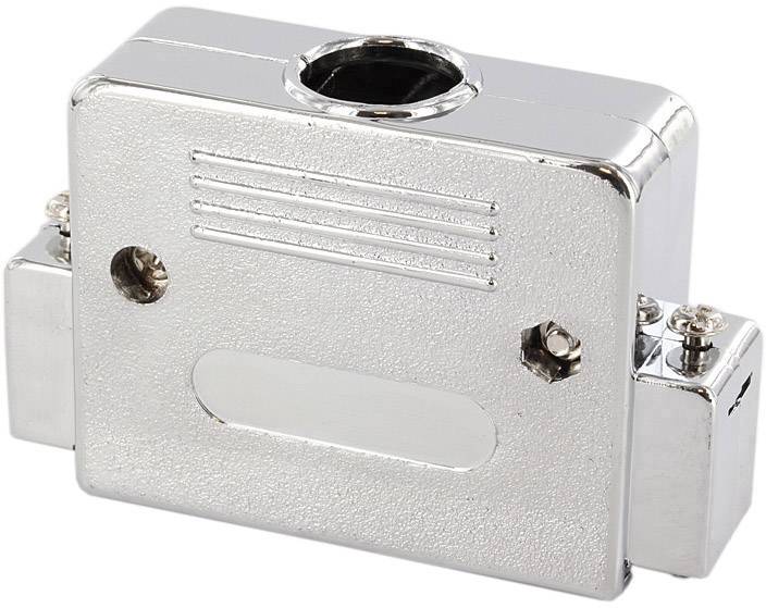 Metallic connection housing in a rectangular shape with multiple fixing elements and a central opening at the top.