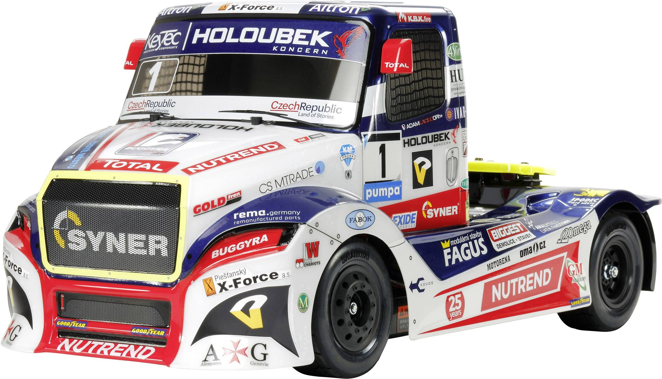 A colourful racing lorry with numerous sponsor logos stands in a side view.