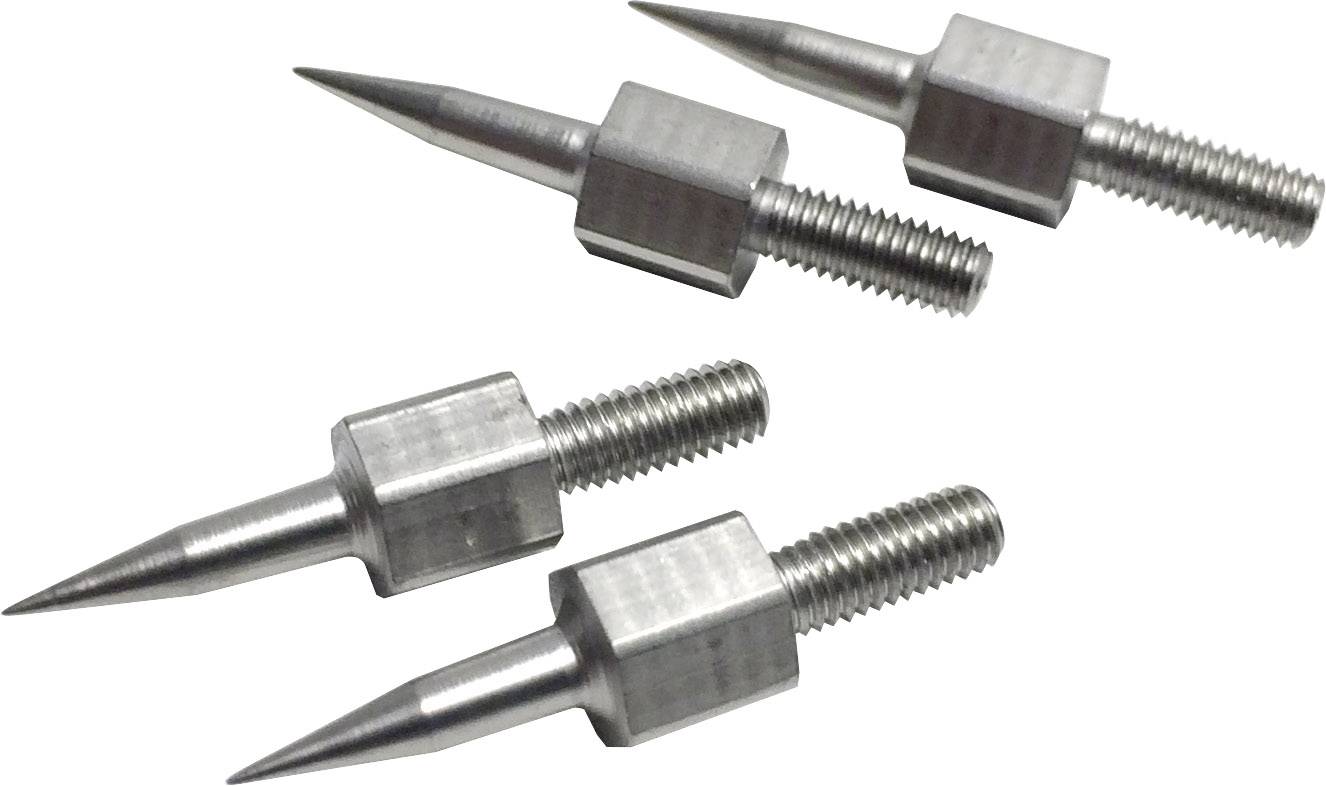 Four metal pin attachments with sharp tips and threading, lying side by side. They are manufactured from stainless steel.