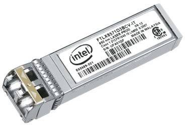 Intel Transceiver Module, rectangular, with two optical ports and black branding. Identifies fibre optic connection components.Note: I used the British spelling of 