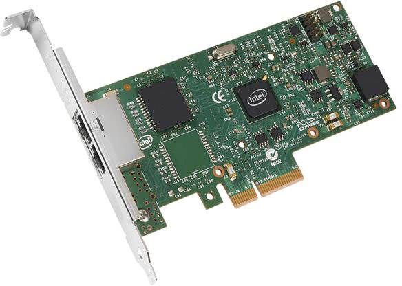 A green network card with multiple chips and ports, including an Intel chip, shows the front side of the hardware components.