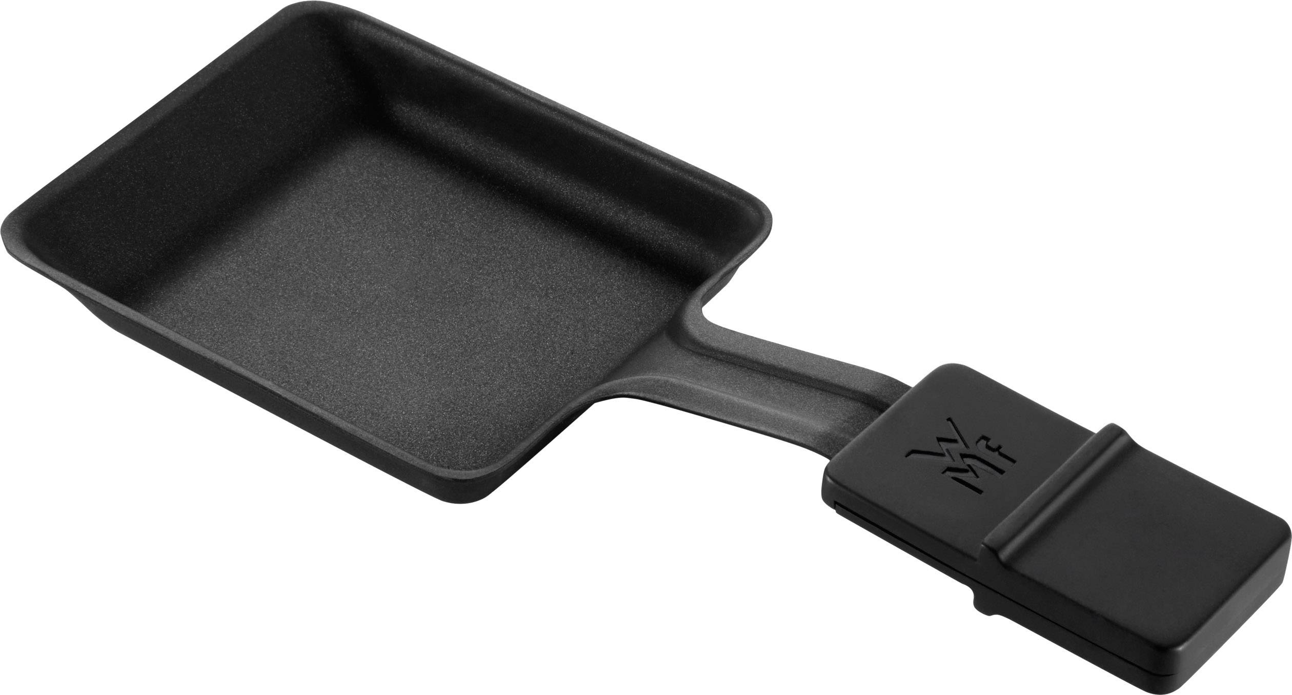 Small black raclette pan with handle, suitable for heating cheese or small portions on tabletop appliances.