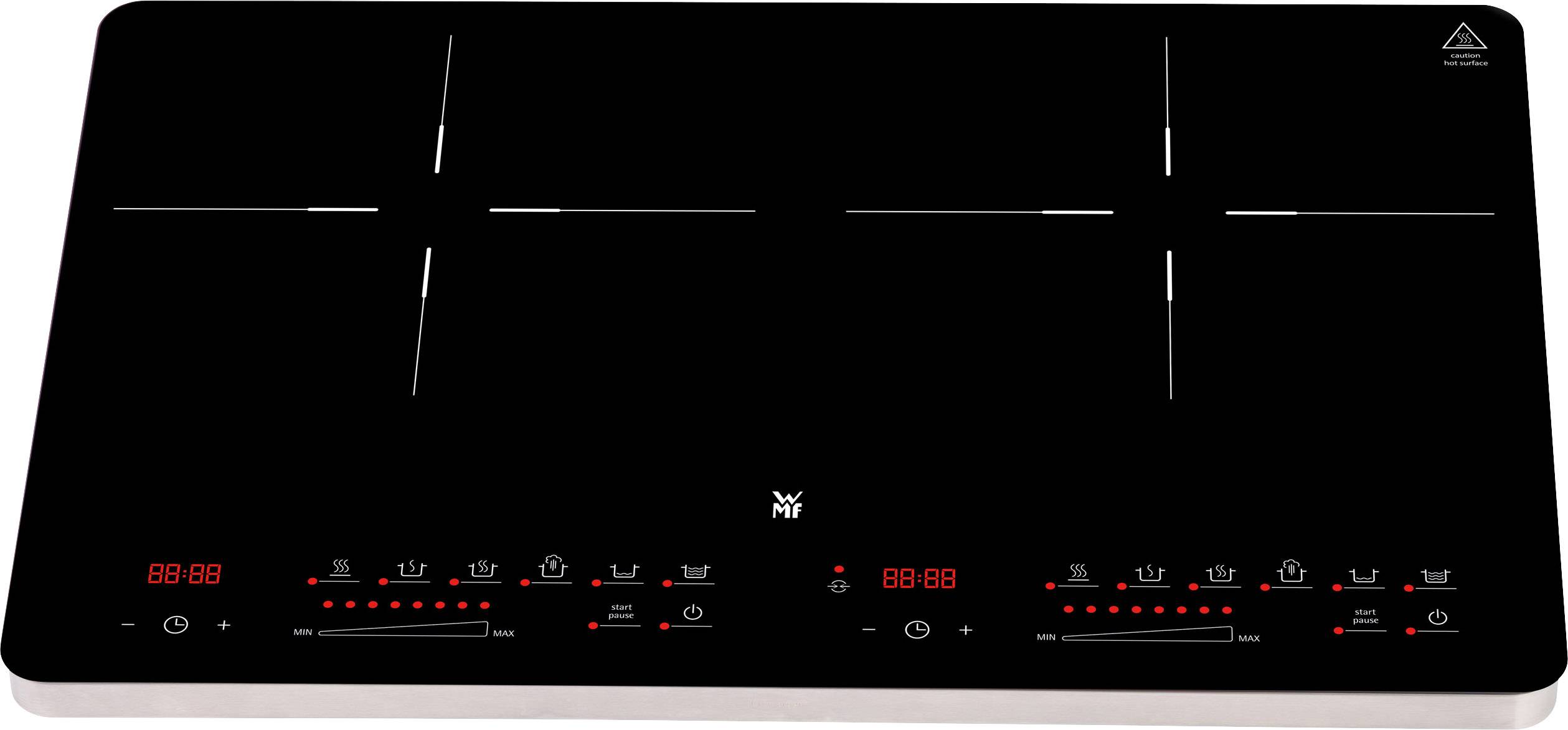 Black induction hob with four cooking zones, LED indicators and touch control panel for temperature and timer settings.