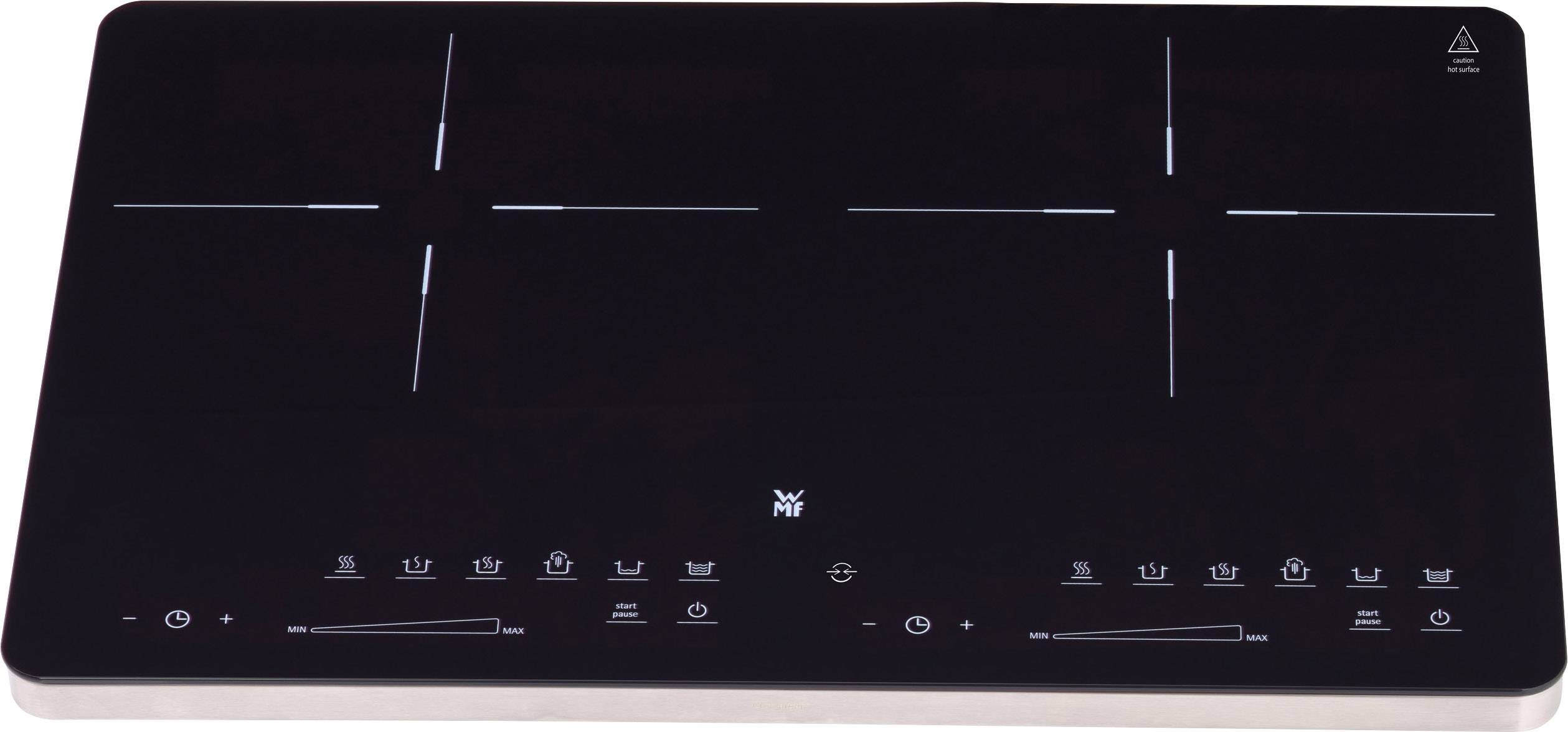 A black induction hob with four cooking zones. Controls and symbols are visible on the lower section.