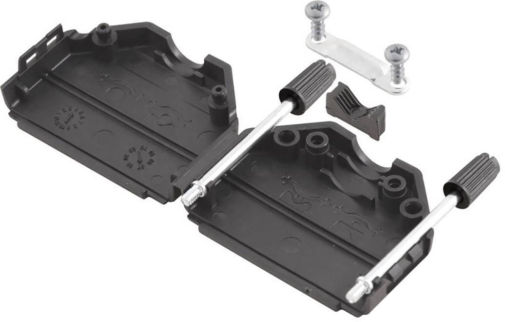 Plastic mounting bracket with two metal rods and screws, likely for installing electrical components.