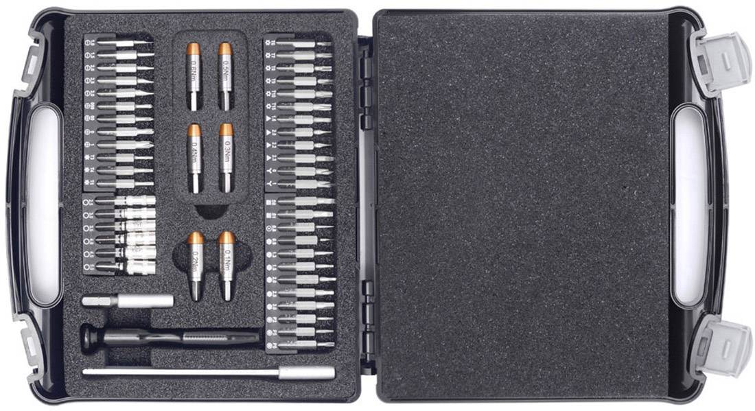 An open tool case with various screwdriver bits, a handle and extensions, neatly organised in foam padding.