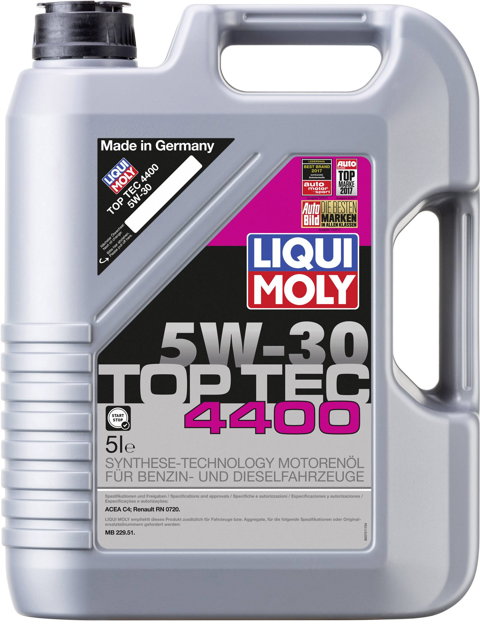 Liqui Moly motor oil container, model Top Tec 4400, 5W-30, 5 litres. Suitable for petrol and diesel vehicles.