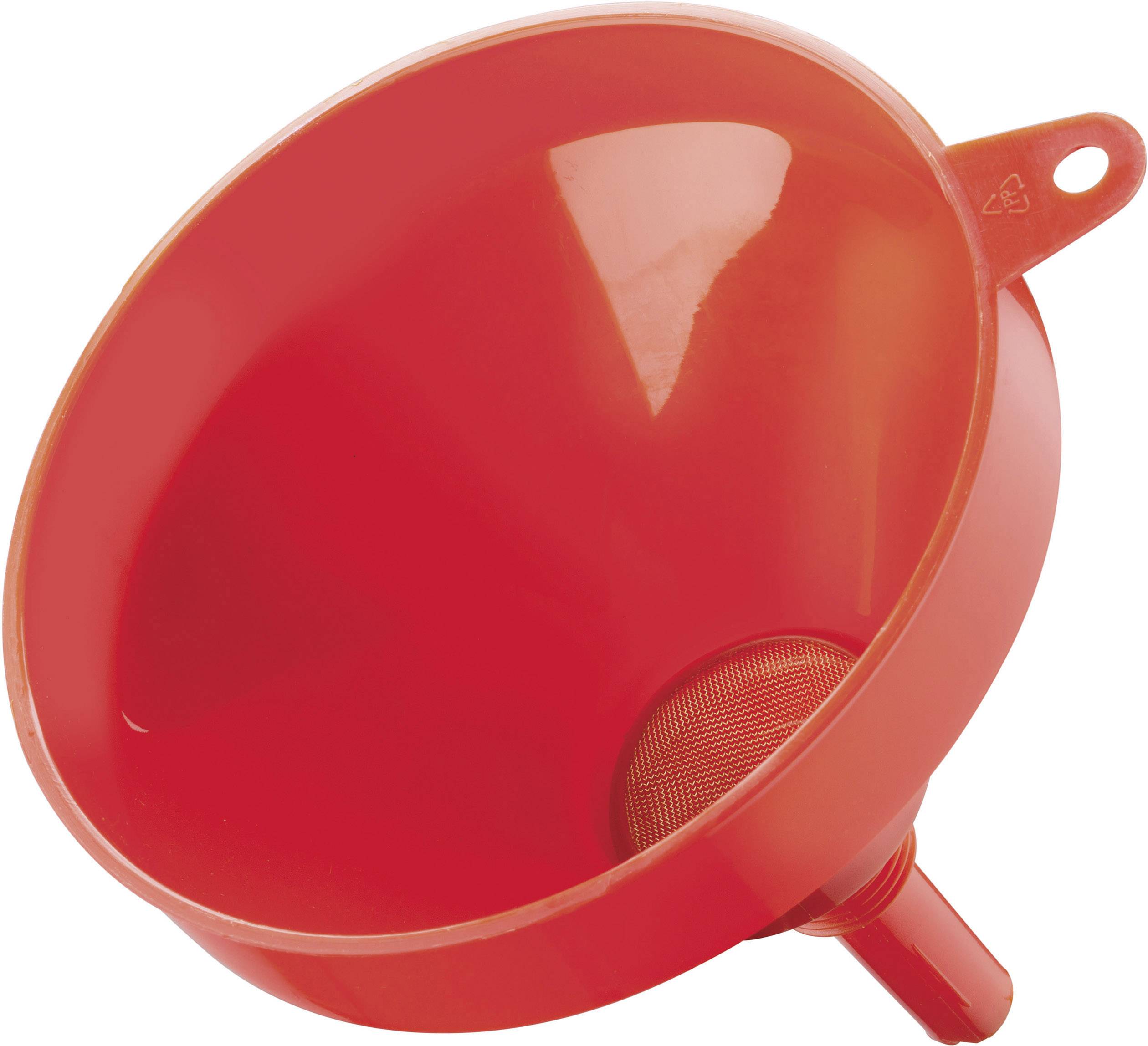 A red plastic funnel with a fine-meshed sieve inside, suitable for filtering liquids into containers.