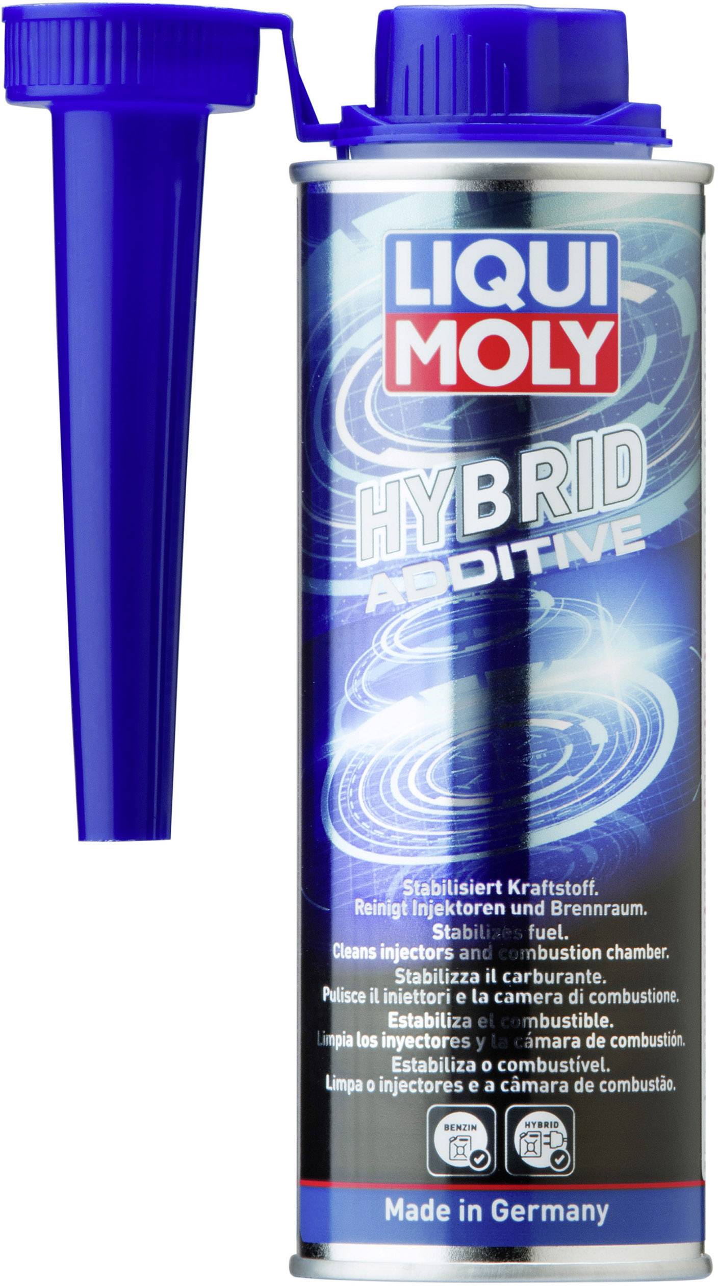 A tin of 'Liqui Moly Hybrid Additive', stabilises fuel, cleans injection nozzles and combustion chamber, manufactured in Germany.