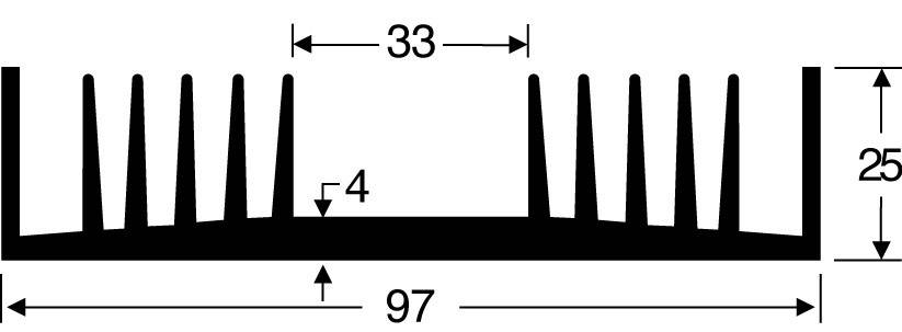 Technical drawing of a heat sink with dimensions: width 97 mm, height 25 mm, spacing between fins 33 mm, fin thickness 4 mm.