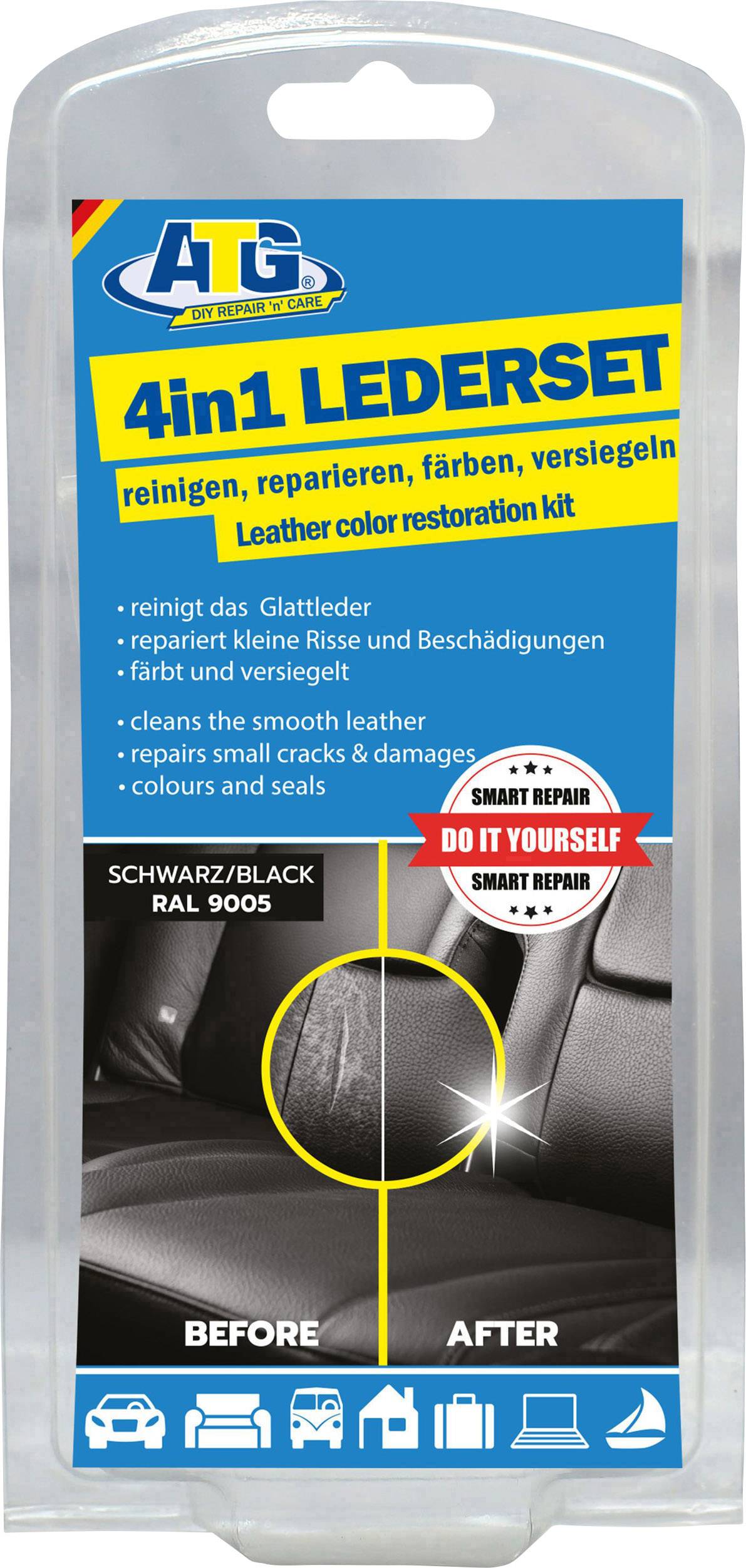 ATG 4-in-1 Leather Set: Cleans, repairs and dyes leather. Includes images of leather before ('Before') and after ('After') application.