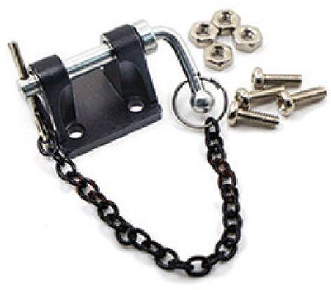 Door lock with chain, bolt, screws and nuts in silver colour, against a white background.