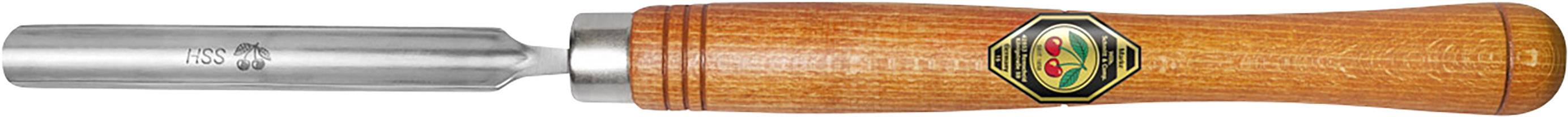 Wooden chisel with a round metal head and brown wooden handle, brand logo in colour printed on the handle.