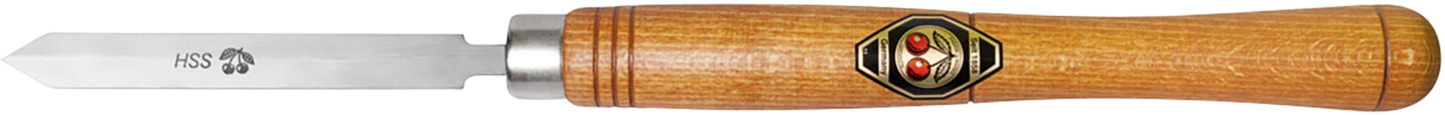 Wooden-handled knife with a short, pointed steel blade and brand logo on the handle.