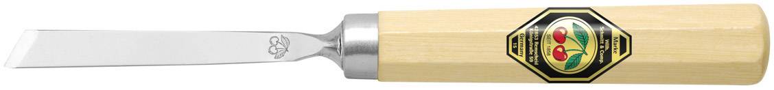 Chisel with a wooden handle and sharp metal blade, suitable for carving or working wooden surfaces.