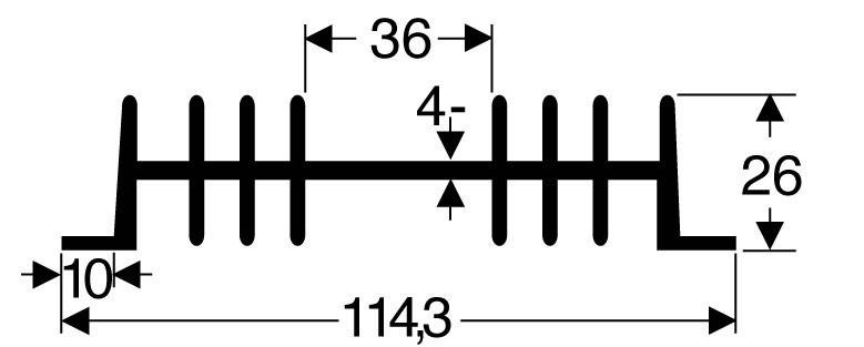 Cross-sectional diagram of a component with dimensions: Length 114.3 mm, Width 36 mm, Height 26 mm, Spacing 4 mm, Edge Thickness 10 mm.