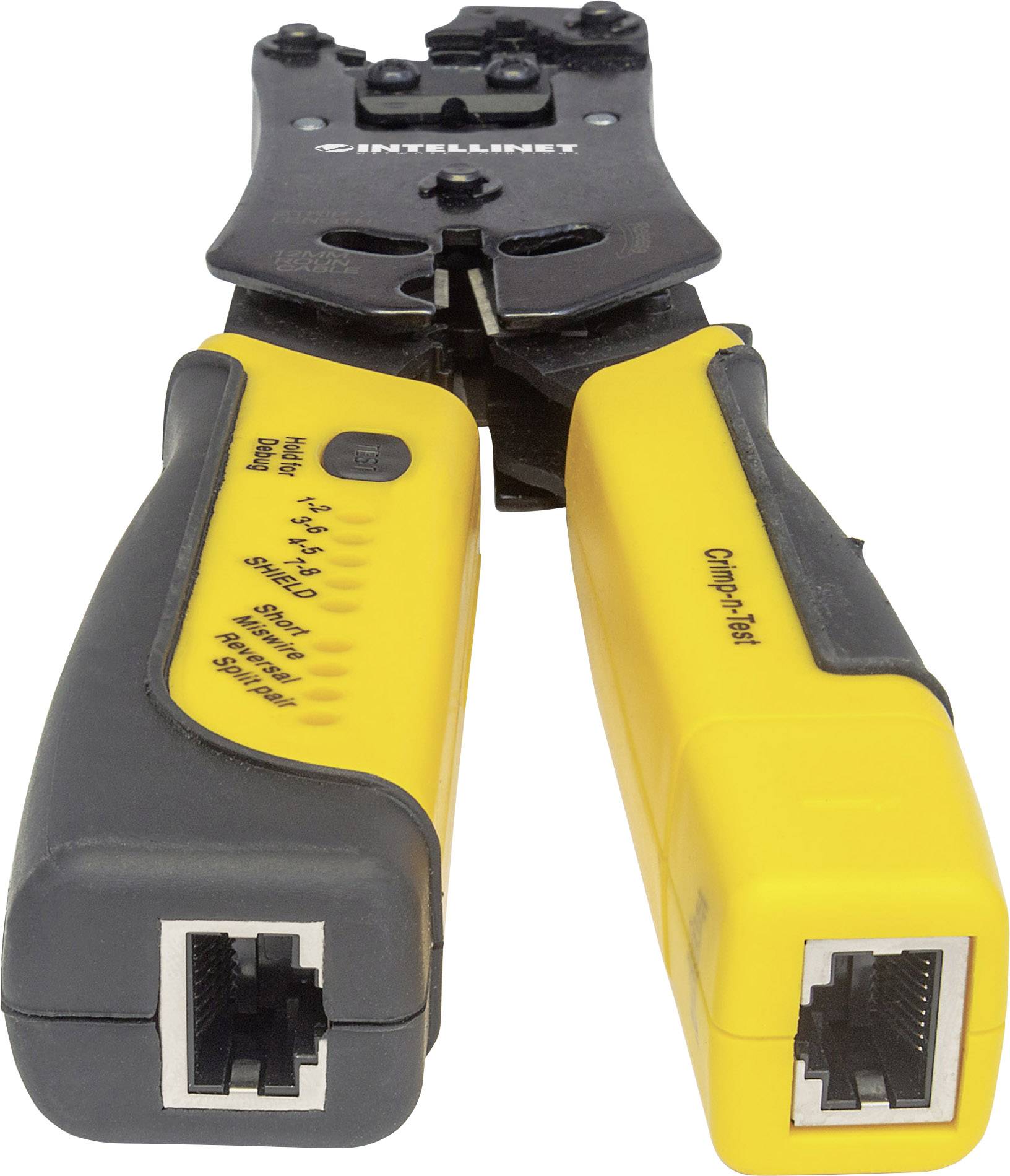 Crimping tool with a yellow handle for network and telephone cables, showing RJ45 and RJ11 slots, with the text 'Intellinet' on the front.