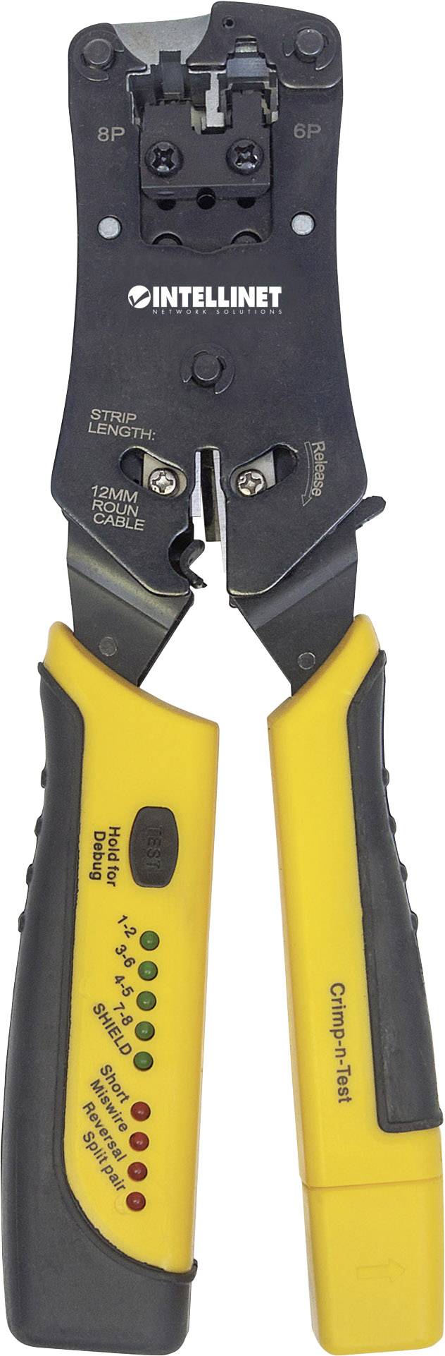 Crimping tool with yellow handle, suitable for 8P and 6P connectors. Shows brand name and individual cable pair selection options.