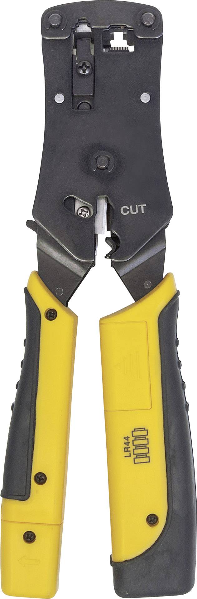 Yellow crimping tool with a black handle used for connecting cables. The word 'CUT' is visible on the top surface.