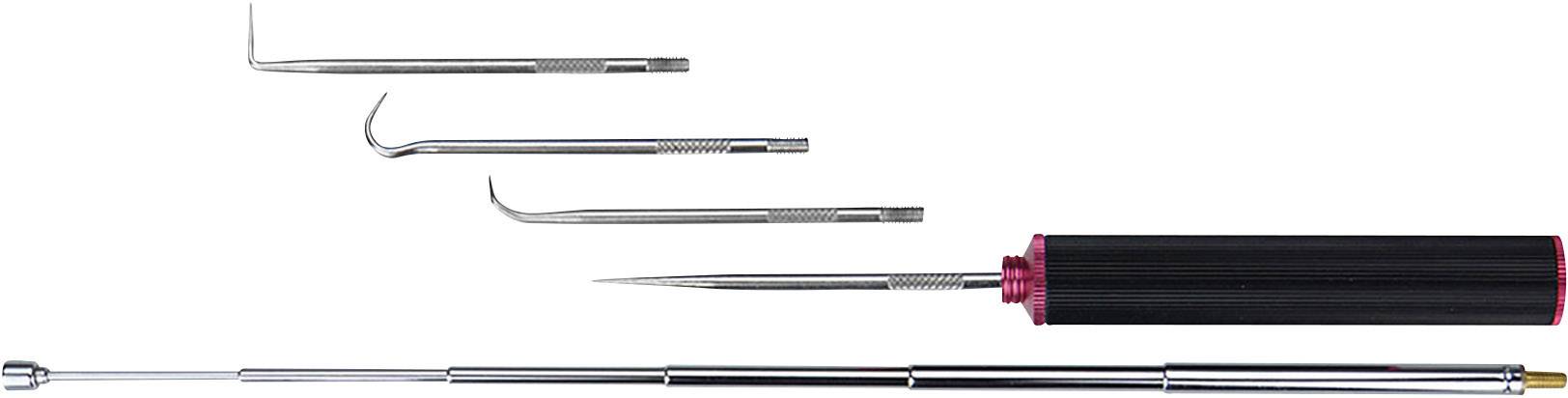 A set of five lock-picking tools with various hooks and picks, lined up side by side, on a white background.