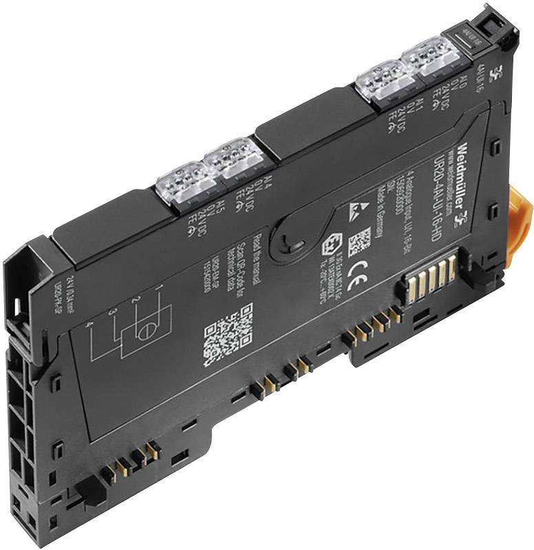 Electronic circuit board in rectangular form, with multiple connector interfaces and technical printed markings, for industrial applications.
