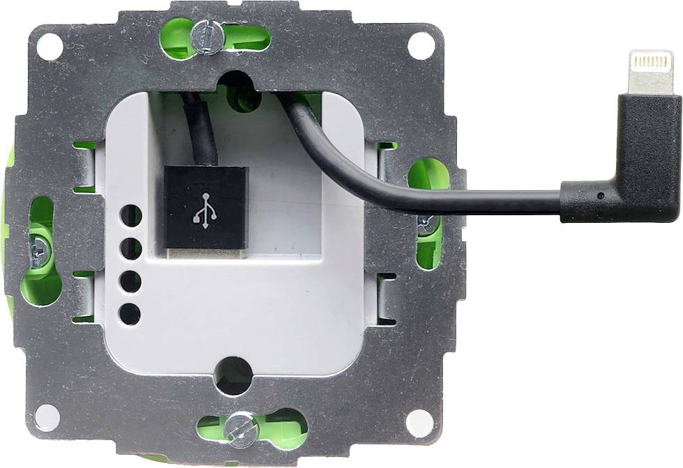 A socket with USB port and Lightning cable. It is mounted and ready for installation in a wall.