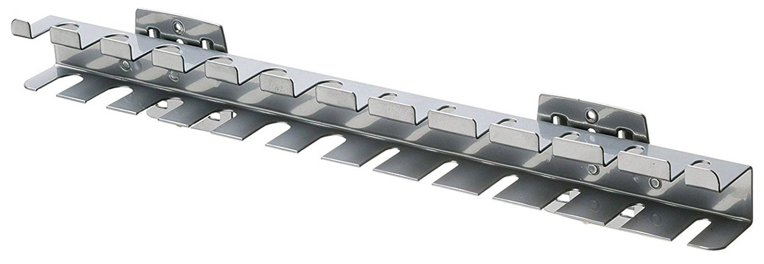 Metal rail with multiple hooks for orderly storage of tools or garden equipment, mountable on the wall.
