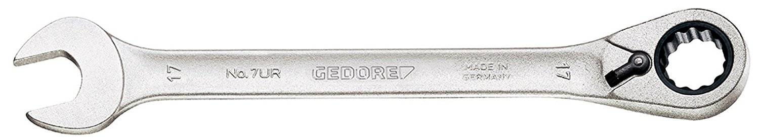 Ratchet spanner with chrome-plated steel ring, size 17, with the inscription 'GEDORE' and 'MADE IN GERMANY'.
