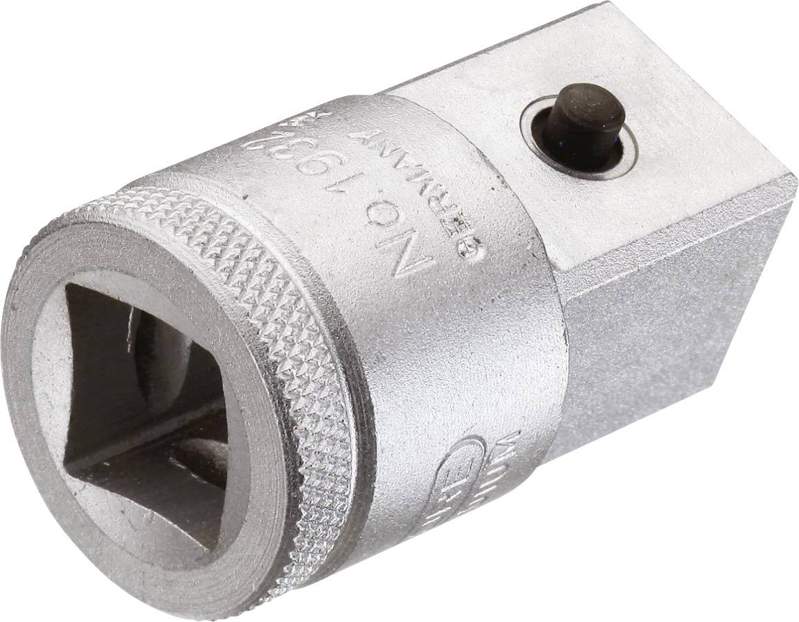 A metallic socket key adapter shows a square opening for attaching a tool on one side.