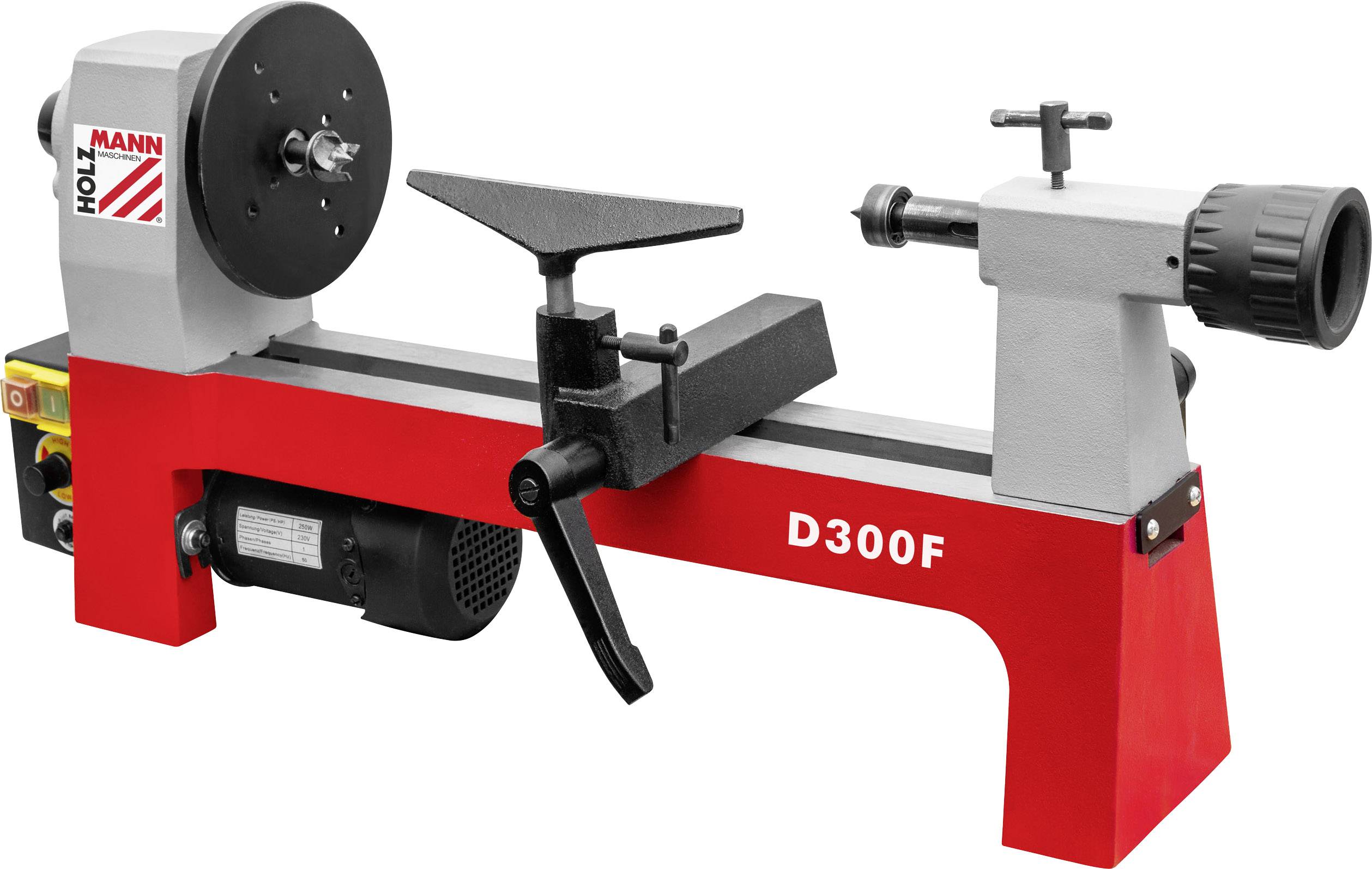 A red and grey lathe by Holzmann. Model: D300F. It is used for woodworking and has a robust design.