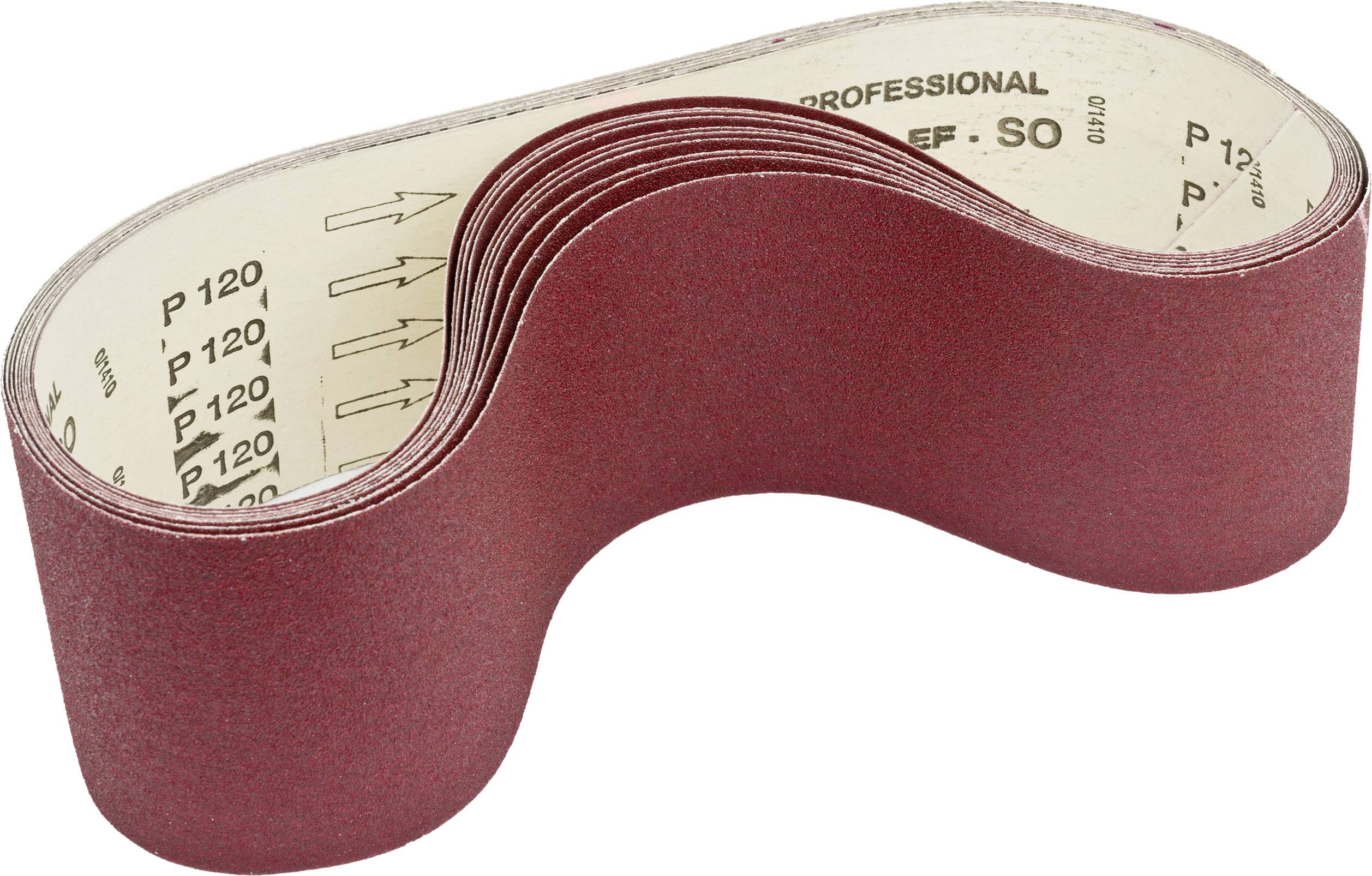 Red abrasive sanding belt in a loop shape, suitable for professional applications, with printed grit grade 'P120'.