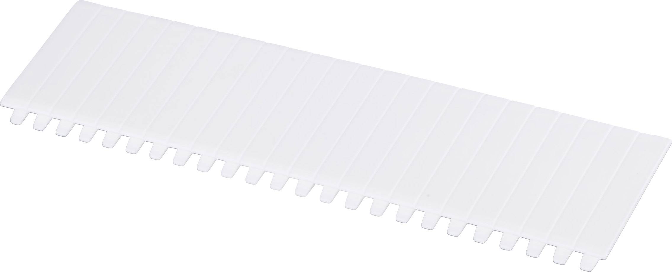 A white plastic comb with wide teeth on a white background, used for organising wires or cables.