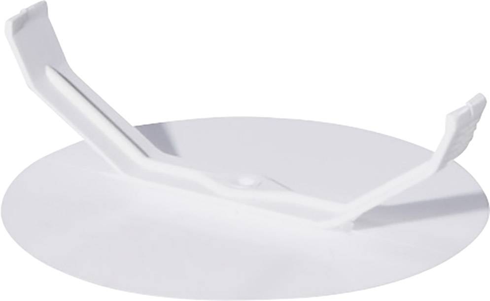 A white, round object with a raised, curved structure in the centre, possibly a holder or stand.