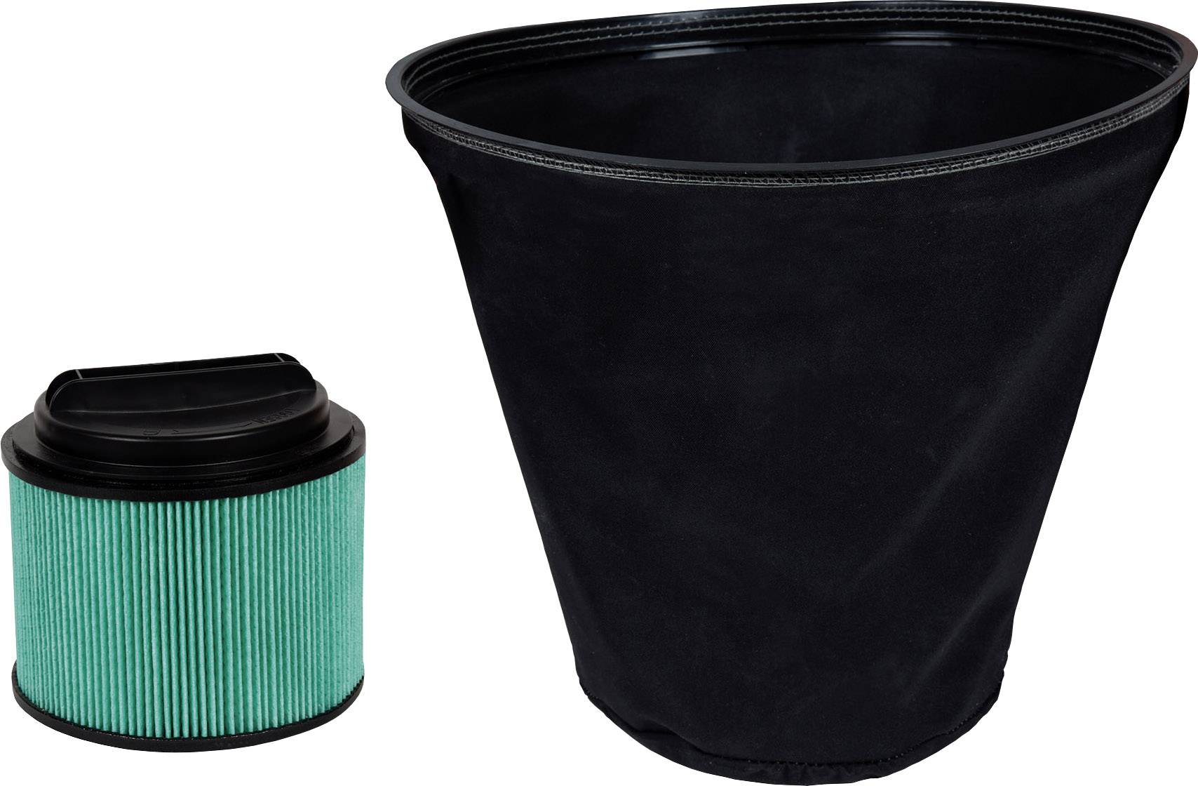 A green air filter and a black vacuum cleaner bag for use in cleaning equipment.