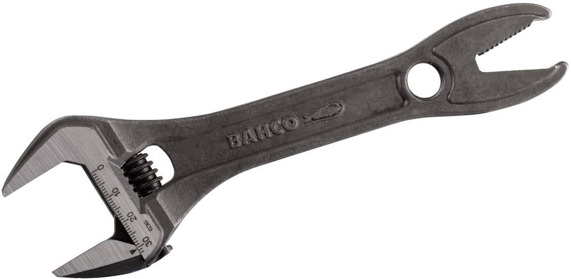 An adjustable spanner with graduated scale, made of metal, black.