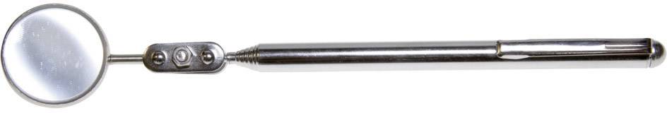 A dental mirror with a round mirror on the left and a long, metallic silver handle on the right.
