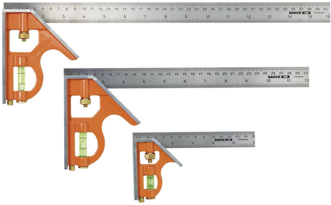Three combined angle rulers in various sizes, with metal rulers, a spirit level and a brass knob, on a white background.