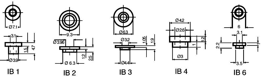 Five technical drawings of mounting rings with dimensions in millimetres. Differences in diameters and heights are visible.