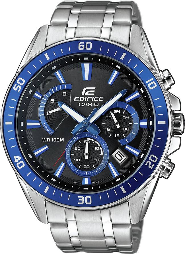 A silver wristwatch with a blue dial and chronograph functions, displaying the 'Edifice' brand and water-resistant to 100 metres.