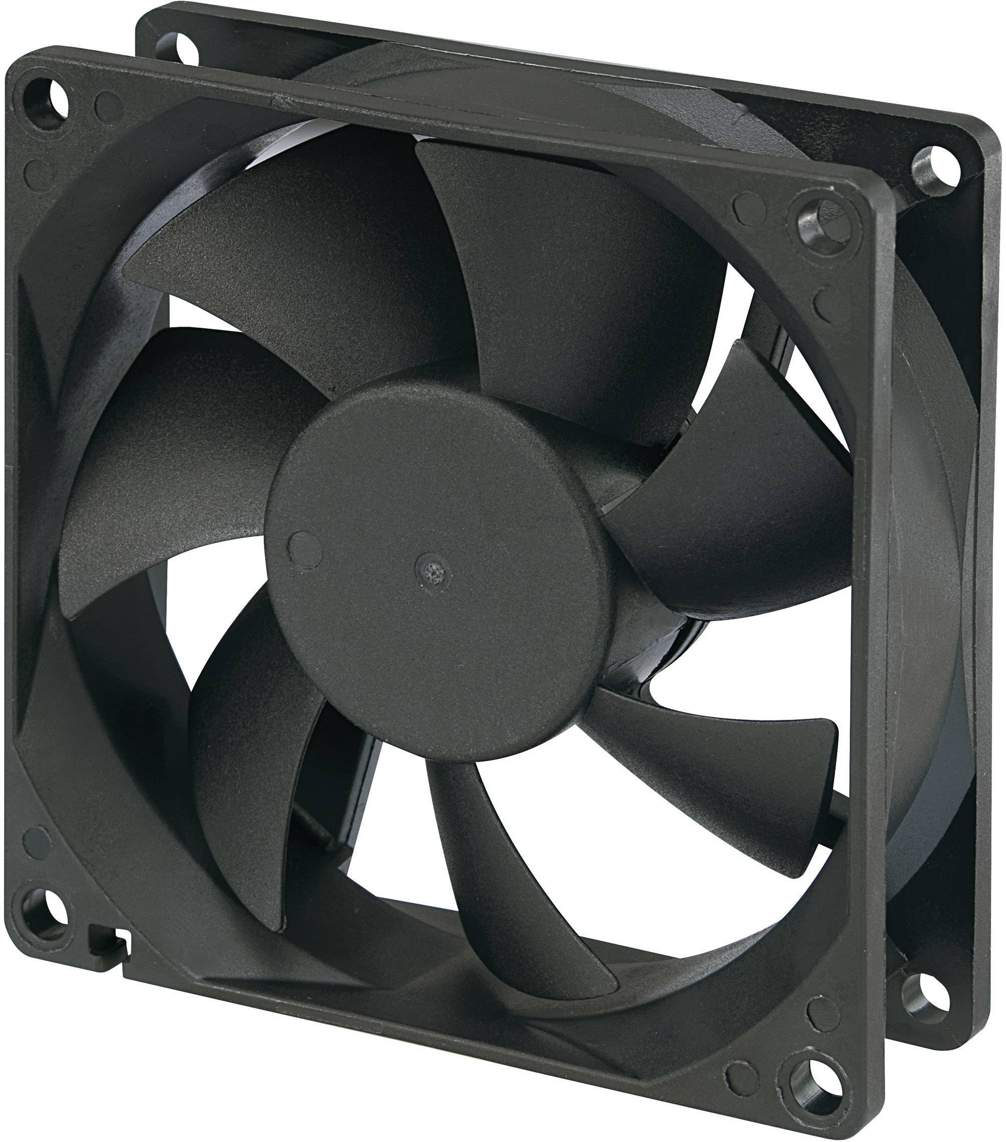 A black computer fan with seven blades in a square mounting bracket, suitable for cooling electronic devices.