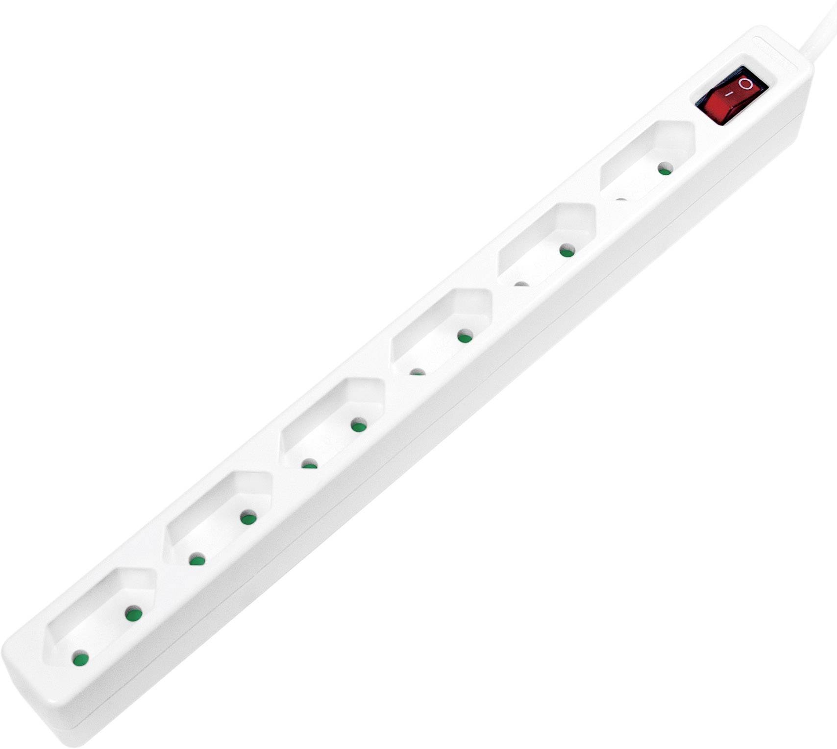 White multi-socket extension lead with six sockets and a red on-off switch, suitable for power distribution in households.