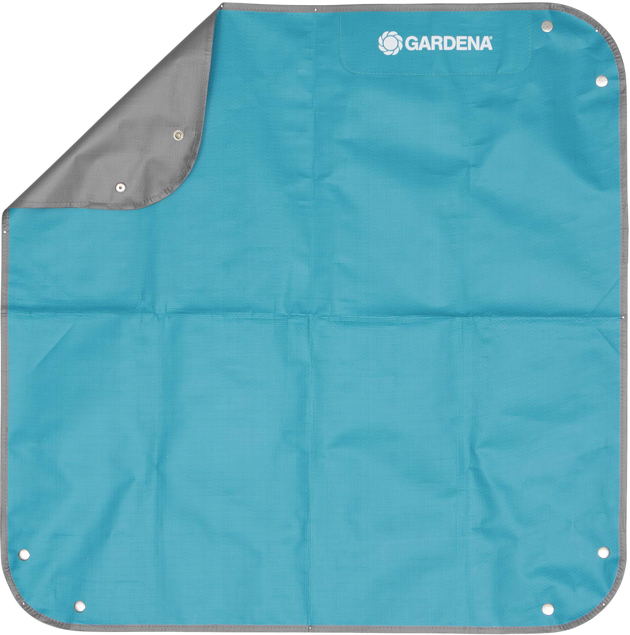 Gardena storage boards in teal and grey, square with metal eyelets at the corners.