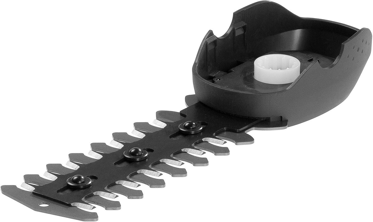 A black lawn trimmer attachment with serrated blades, suitable for cutting grass and small shrubs.