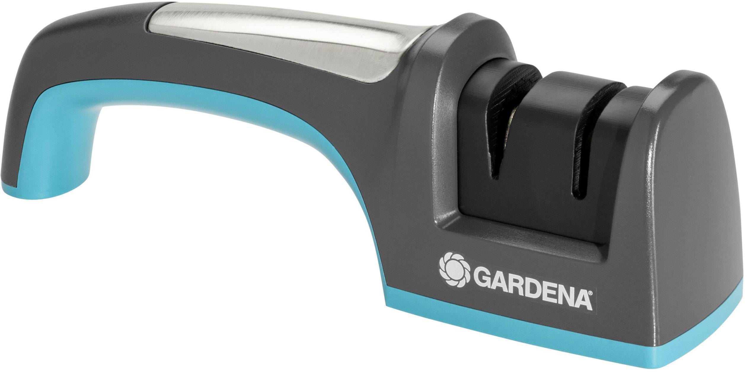 Gardena sharpening device with black and turquoise design, suitable for sharpening garden tools.