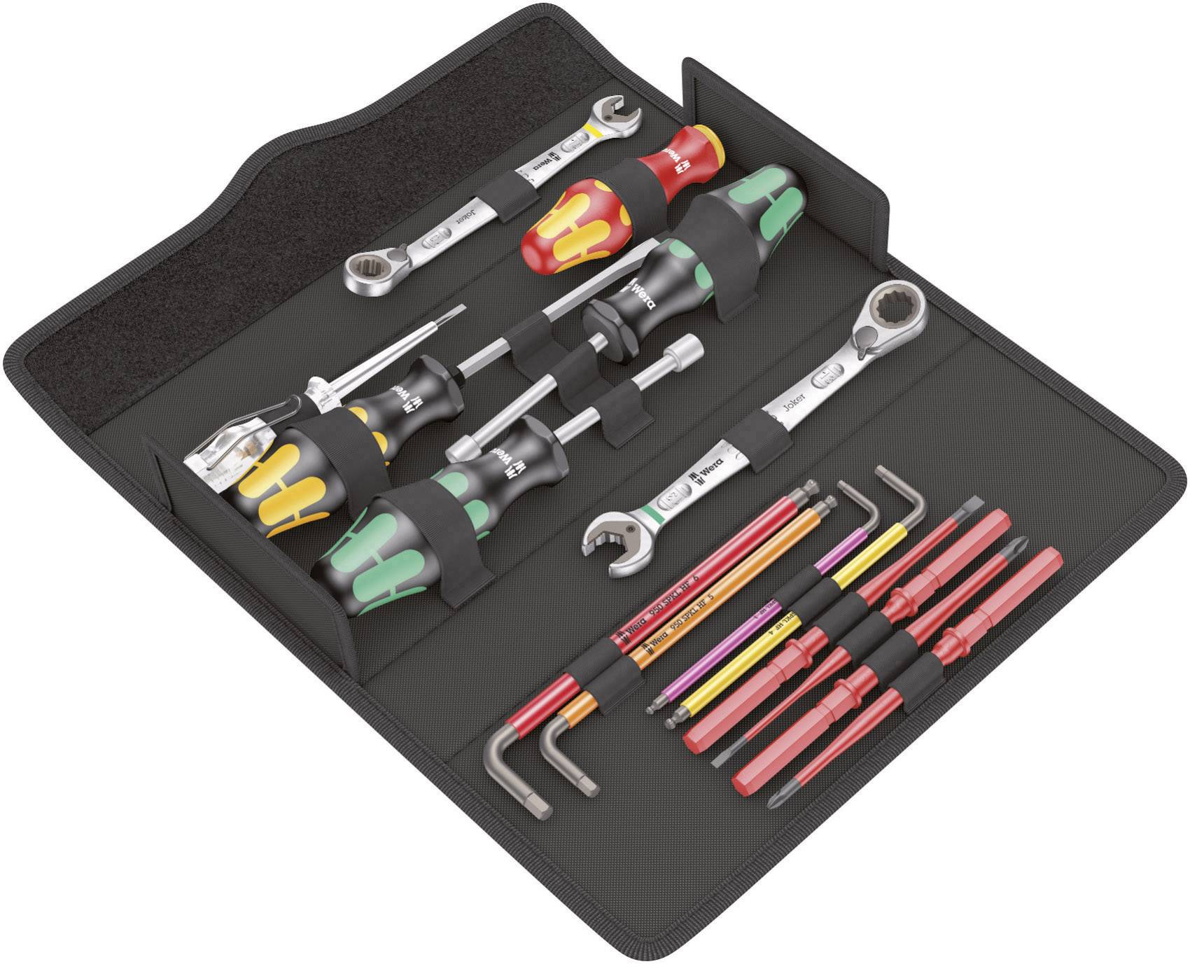 A tool set with various screwdrivers, Allen keys, and ratchets, neatly arranged in a black storage bag.