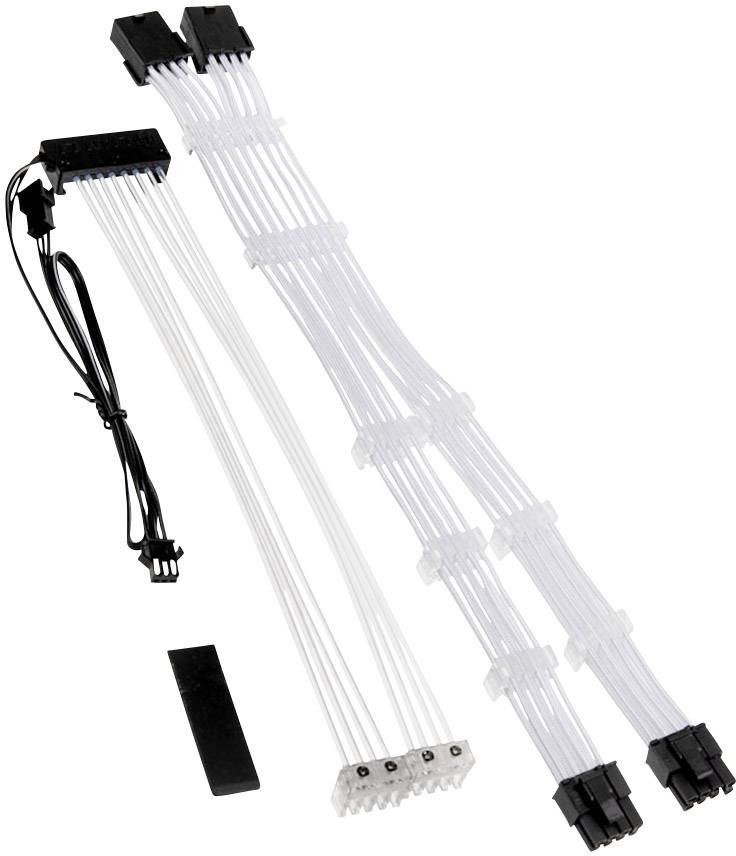 White, sleeved extension cables with rectangular plugs and black cable ties, suitable for neat cable management in PCs.